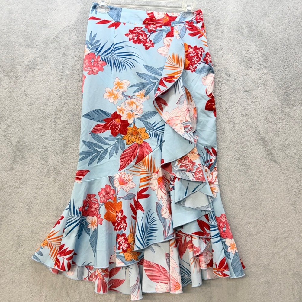 Floral Ruffle Midi Skirt Size Small Hi-Lo Ruffle Dainty Beach Coastal Long